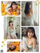 A collage of photos of a woman laying on a bed of oranges.